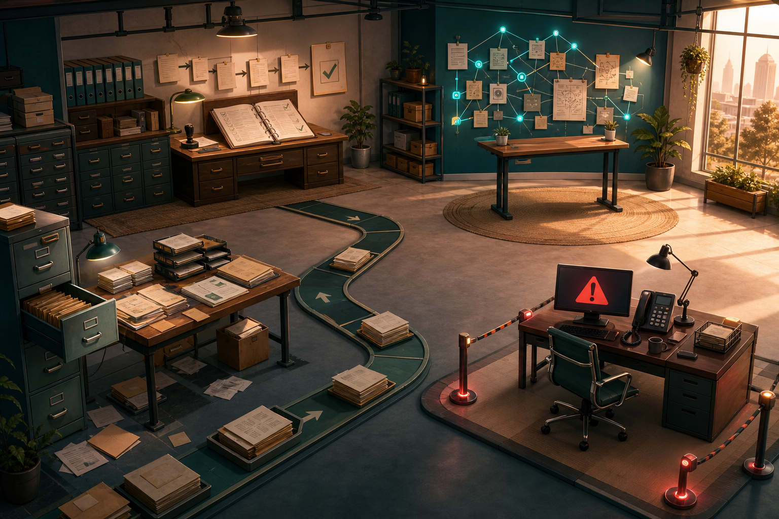 A connected operations office with paperwork, records, an approval boundary and a knowledge wall